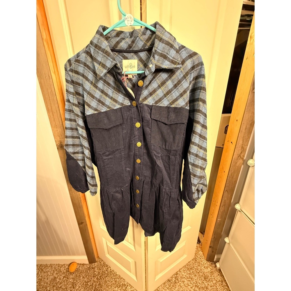 Umgee Mixed Media Plaid Flannel and Corduroy Button Down Top Navy Blue Medium